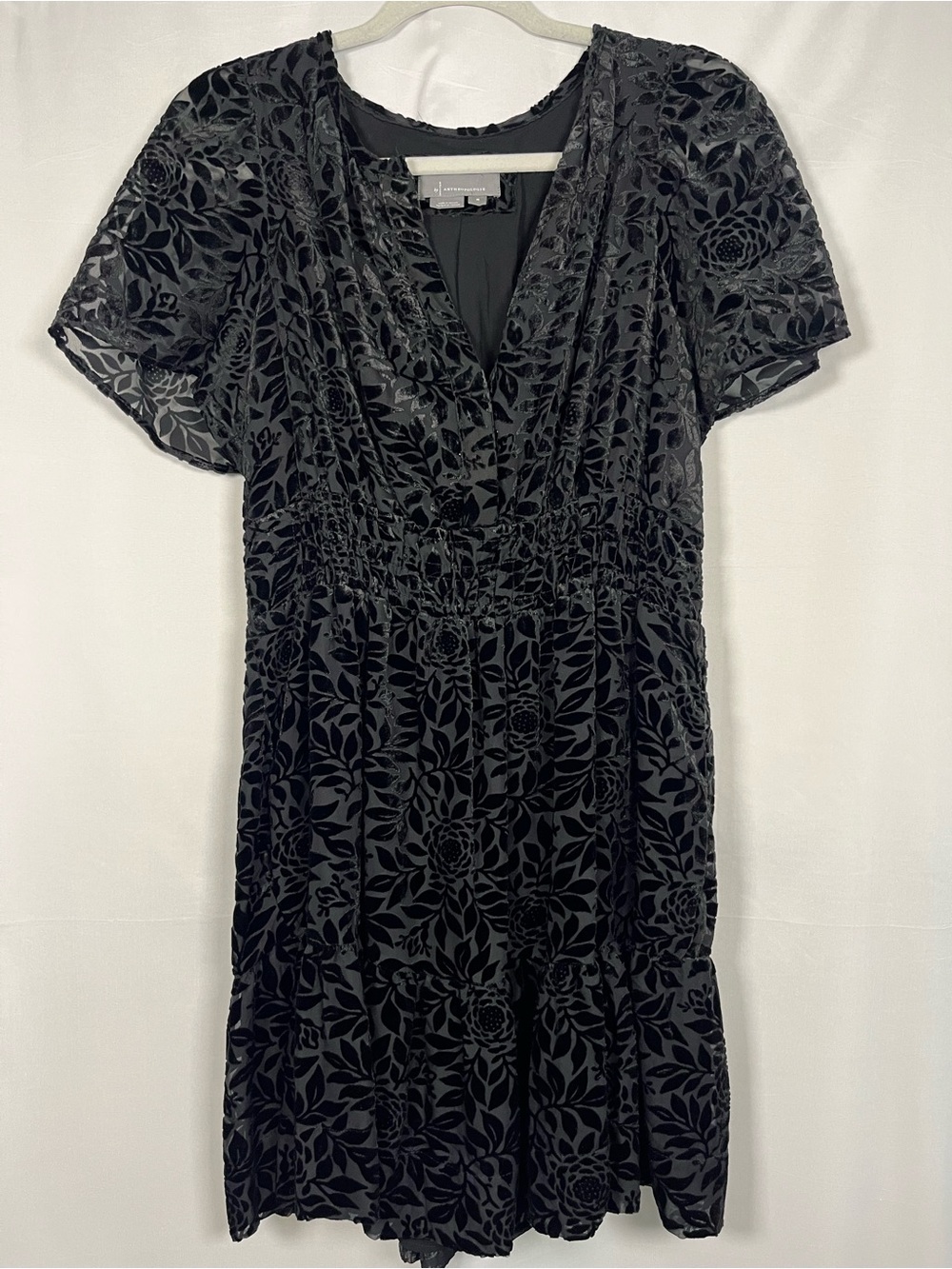 Anthropologie somserset mini dress black floral velvet smocked waist sz m - Picture 3 of 8
